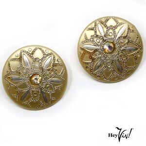 Vintage Clip On Button Earrings - Thermoset Intricate Etched Design - Hey Viv